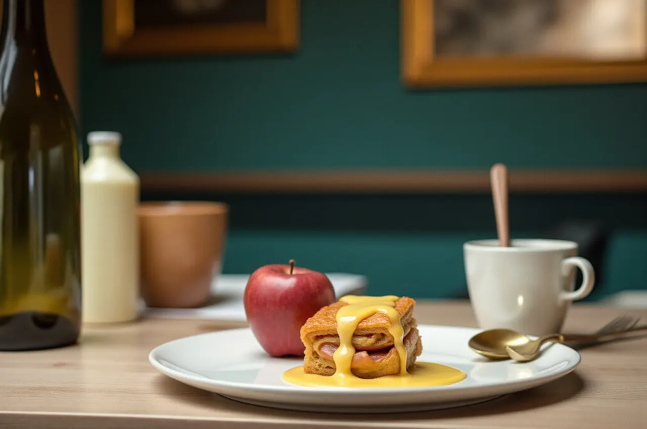Strudel jabłkowy polany sosem waniliowym, zbliżenie