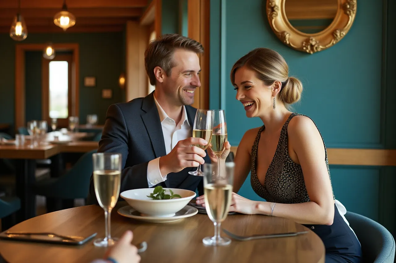 Uśmiechnięta para w wieczorowych strojach wznosi toast przy stoliku w restauracji